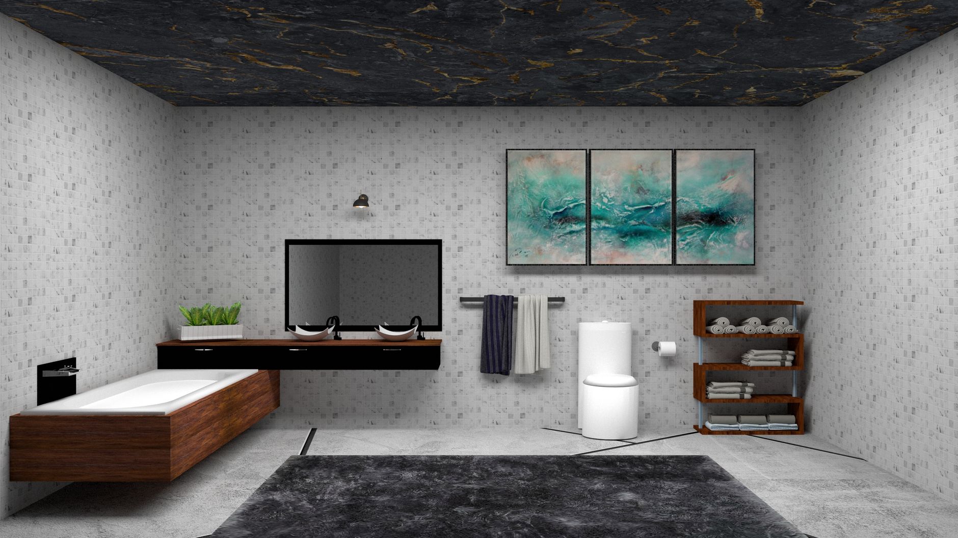 quiet luxury bathroom organization that look expensive Stylish bathroom with double sinks, art decor, and a luxurious bathtub.