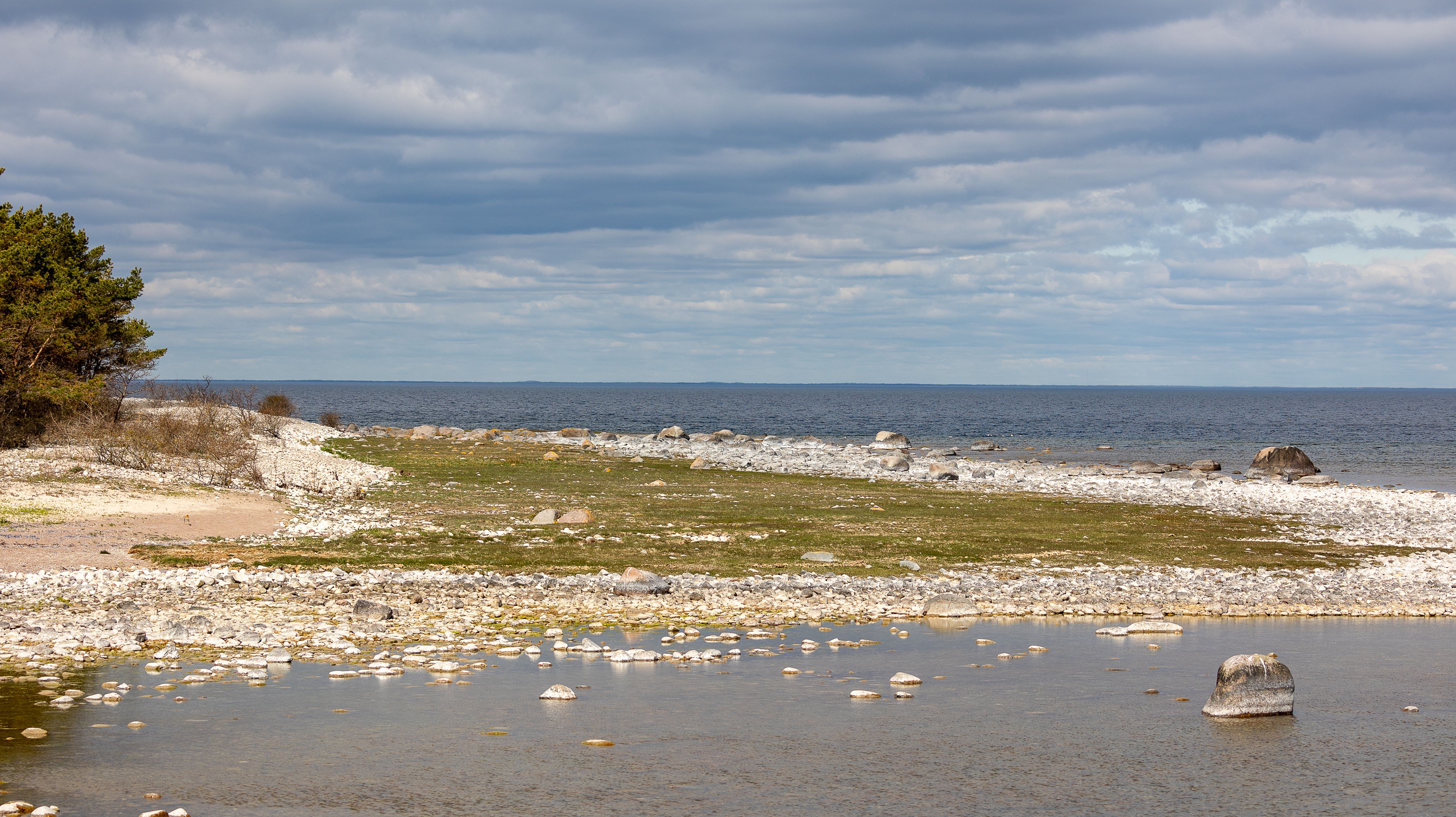 Peaceful coastal landscape featuring a rocky shoreline and scattered clouds over the sea.