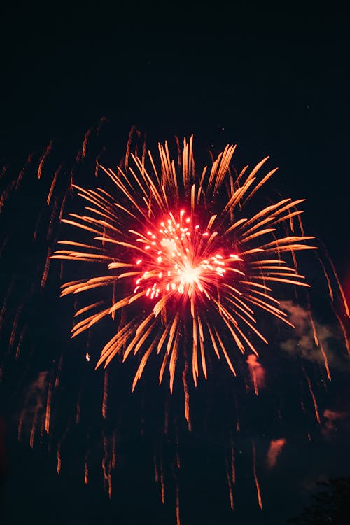 Red Fireworks on Night Sky