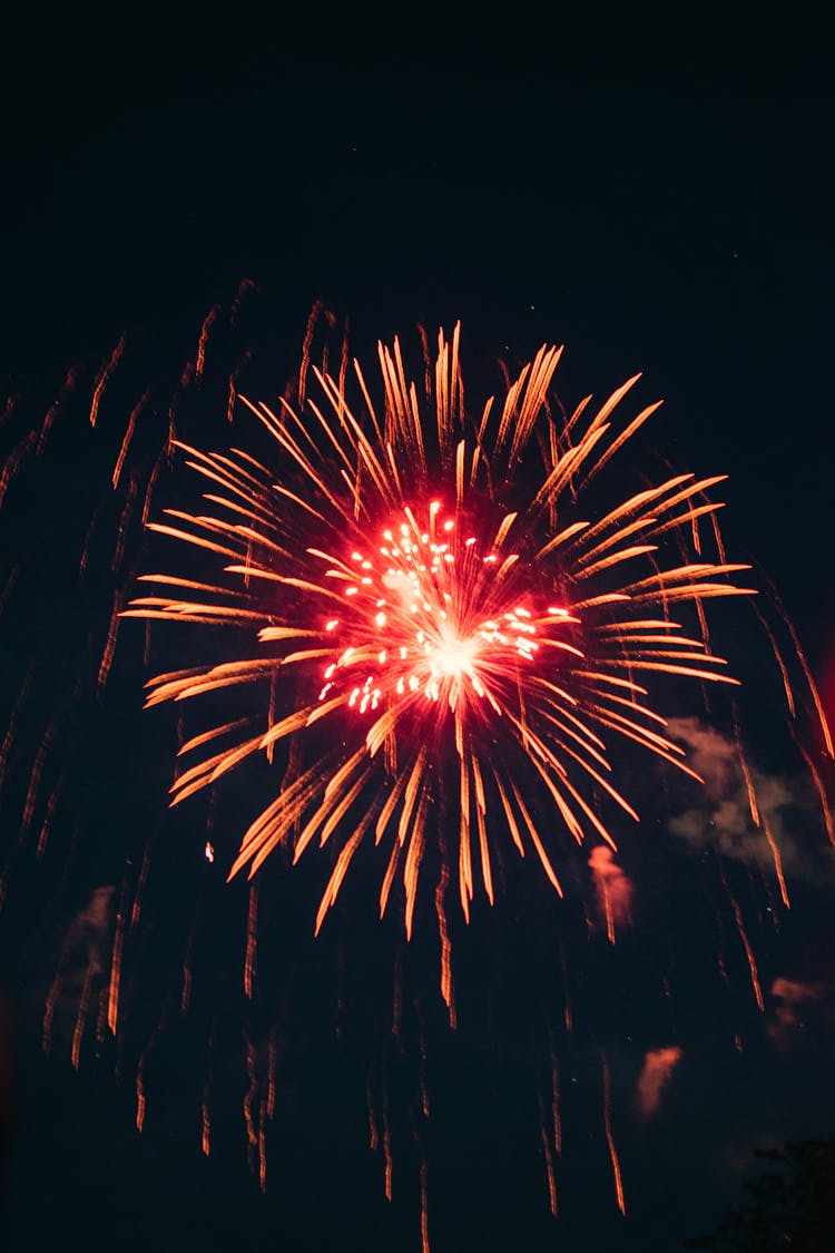 Red Fireworks On Night Sky