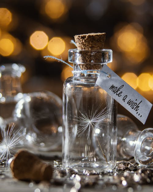 Single Dandelion Seed in a Small Glass Bottle with a Cork and a Note Make a Wish