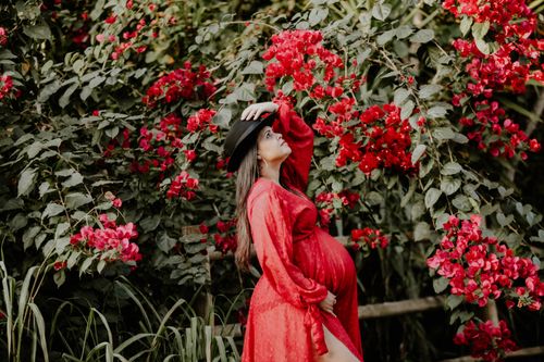 Free A pregnant woman in a red dress and black hat poses gracefully among blooming red bougainvillea flowers outdoors. Stock Photo