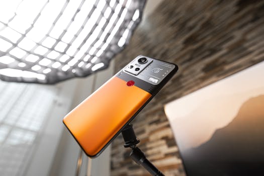 Close-up of a contemporary smartphone on a tripod with a modern background, showing advanced camera features.
