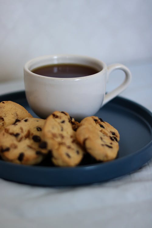 Free Chocolate Cookie Chips on a Blue Plate Stock Photo