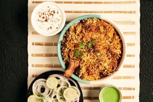 Top View of a Chicken Biryani Dish 