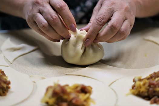 Hands skillfully folding a dumpling on a kitchen counter with fresh ingredients.