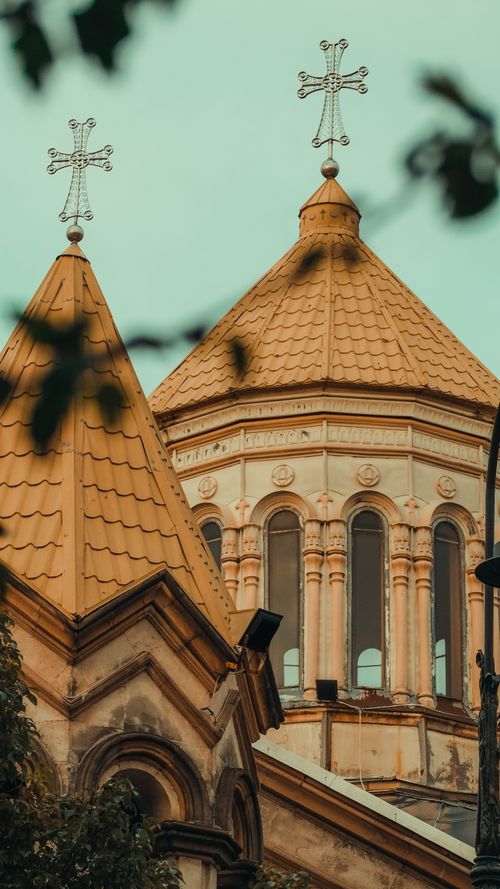 Free Close-up of gothic church roofs with crosses in Batumi, Georgia. Stock Photo