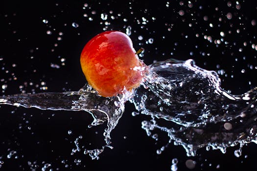 Vibrant red apple splashing in dynamic water, showcasing freshness and vitality.