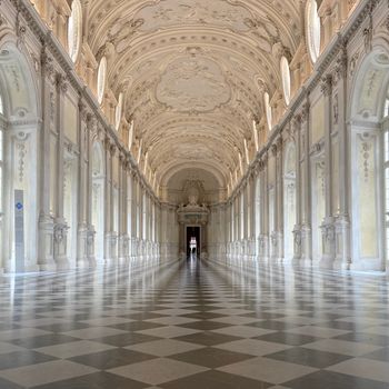 Explore the grandeur of La Venaria Reale's baroque hallway with symmetric arches and intricate details.（イメージ）