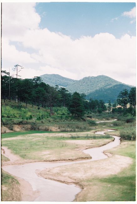 Peaceful mountain scene featuring a gentle river and lush greenery.