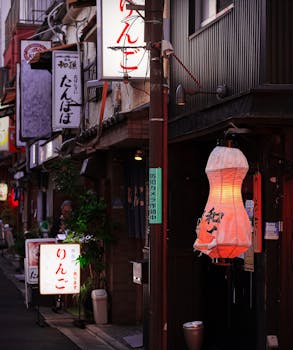 Charming Japanese street scene with glowing lanterns and traditional shop signs, perfect for travel and culture themes.