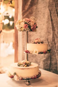 Three-tier floral wedding cake with rustic decor on display at an indoor celebration.