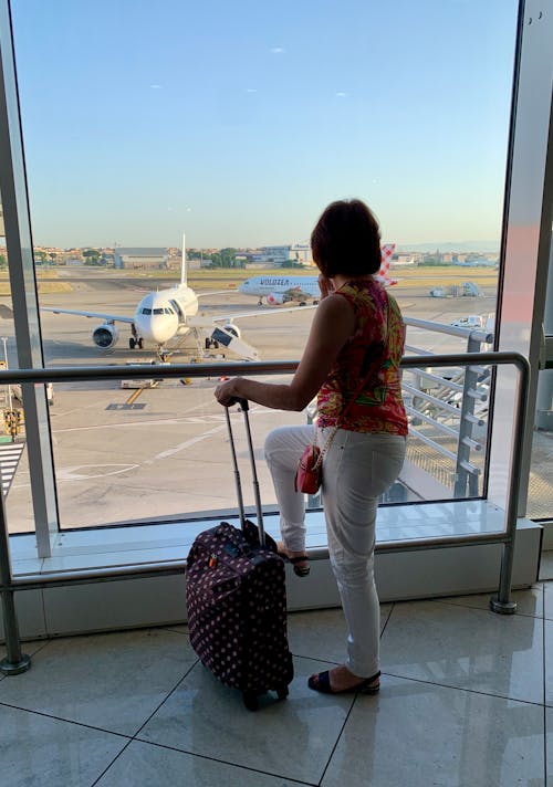 A Woman with Luggage Standing on the Glass Wall Looking at the Parked Airplane on the Tarmac