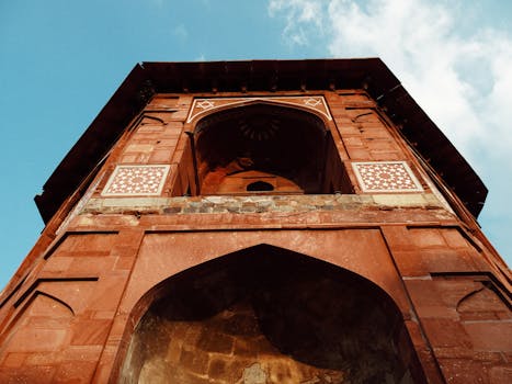 Low angle view of Sher Mandal, a Mughal architectural masterpiece in New Delhi, India.
