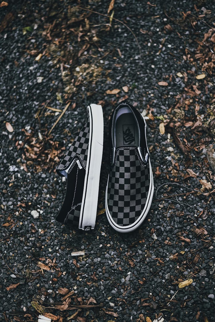 Gray And Black Checkered Slip-on Shoes On Ground