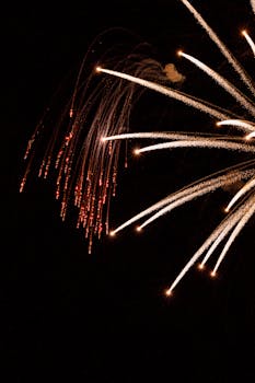 Dynamic fireworks explosion against dark sky, perfect for festive celebrations.