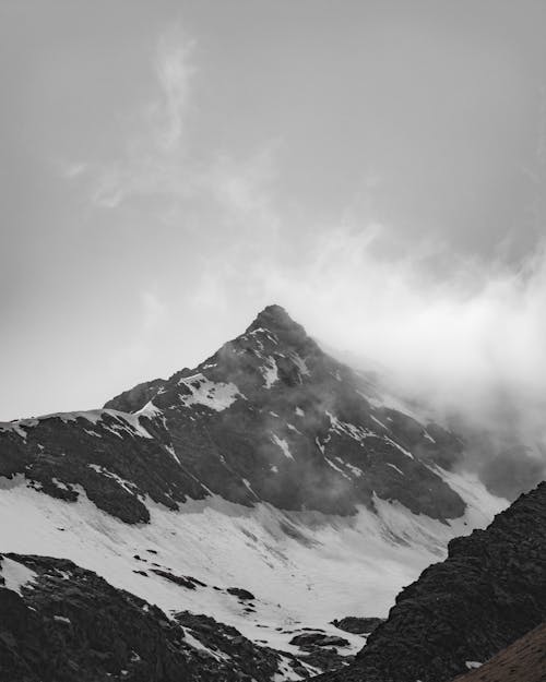 A Grayscale Photo of a Snow Covered Mountain