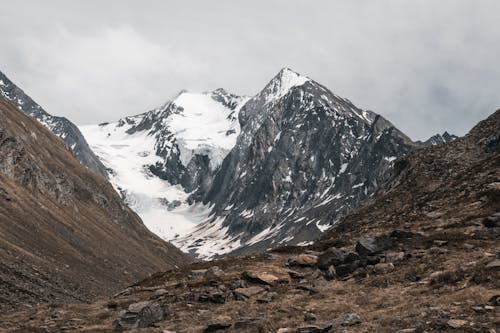 Snow-Covered Mountain Under Cloudy Sky