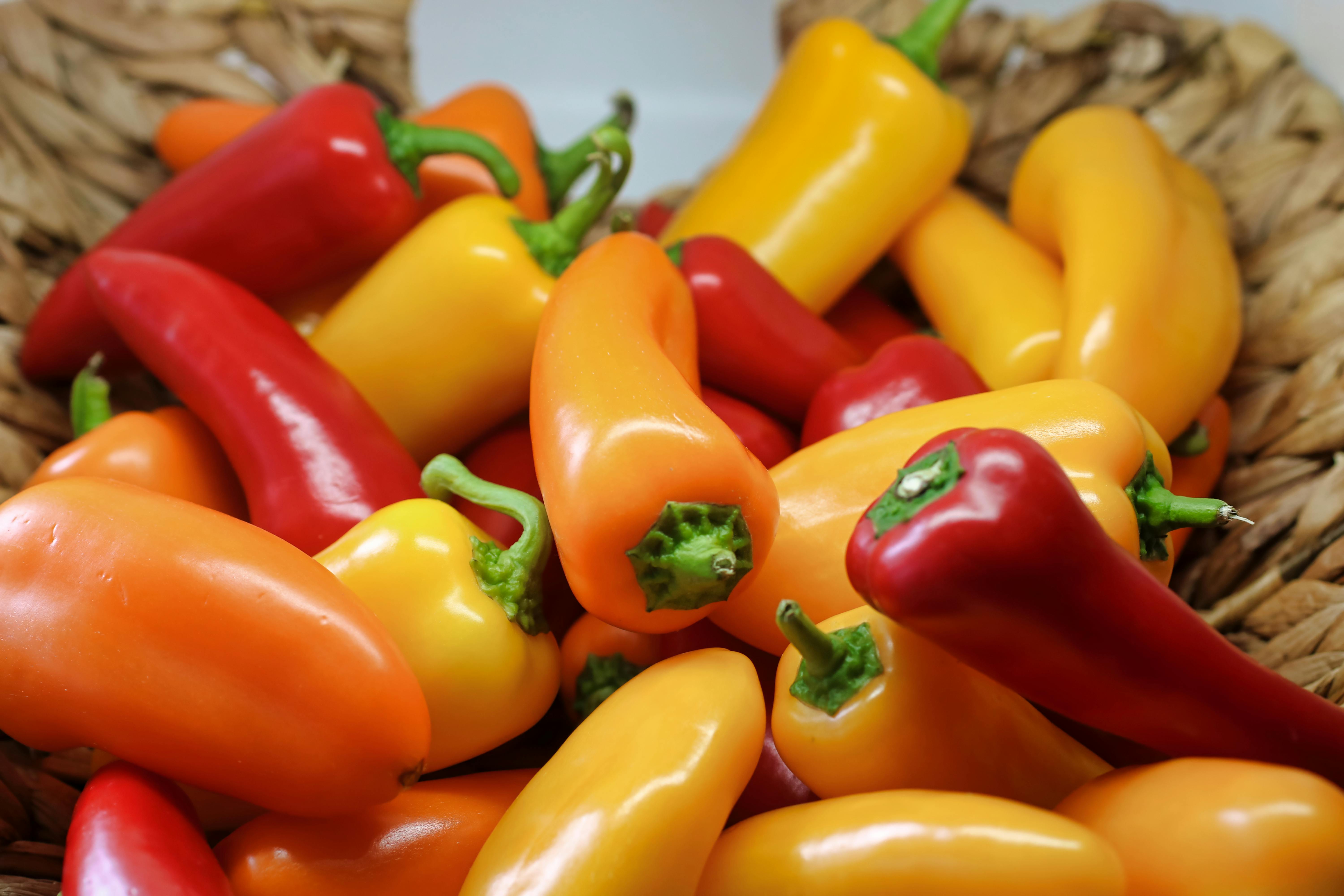 shallow focus photography of yellow and red bell peppers in basket