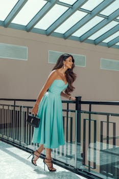 Stylish woman in elegant blue dress walking by indoor railing, embodying fashion and sophistication.