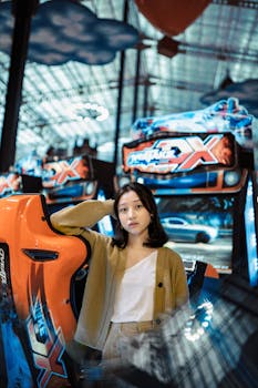 Portrait of a woman in an arcade, surrounded by vibrant racing game machines.