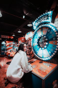 A young woman is engaged in playing arcade games inside a vibrant gaming arena.