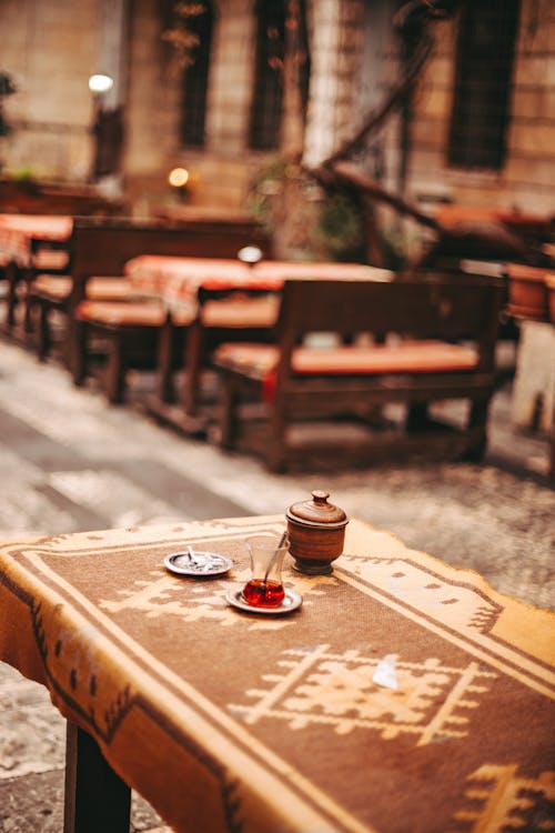 Traditional Turkish Tea on a Table in a Cafe Patio 