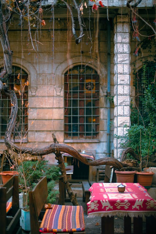 Tables and Chairs in the Patio of the Papirus Cafe in Gaziantep, Turkey 