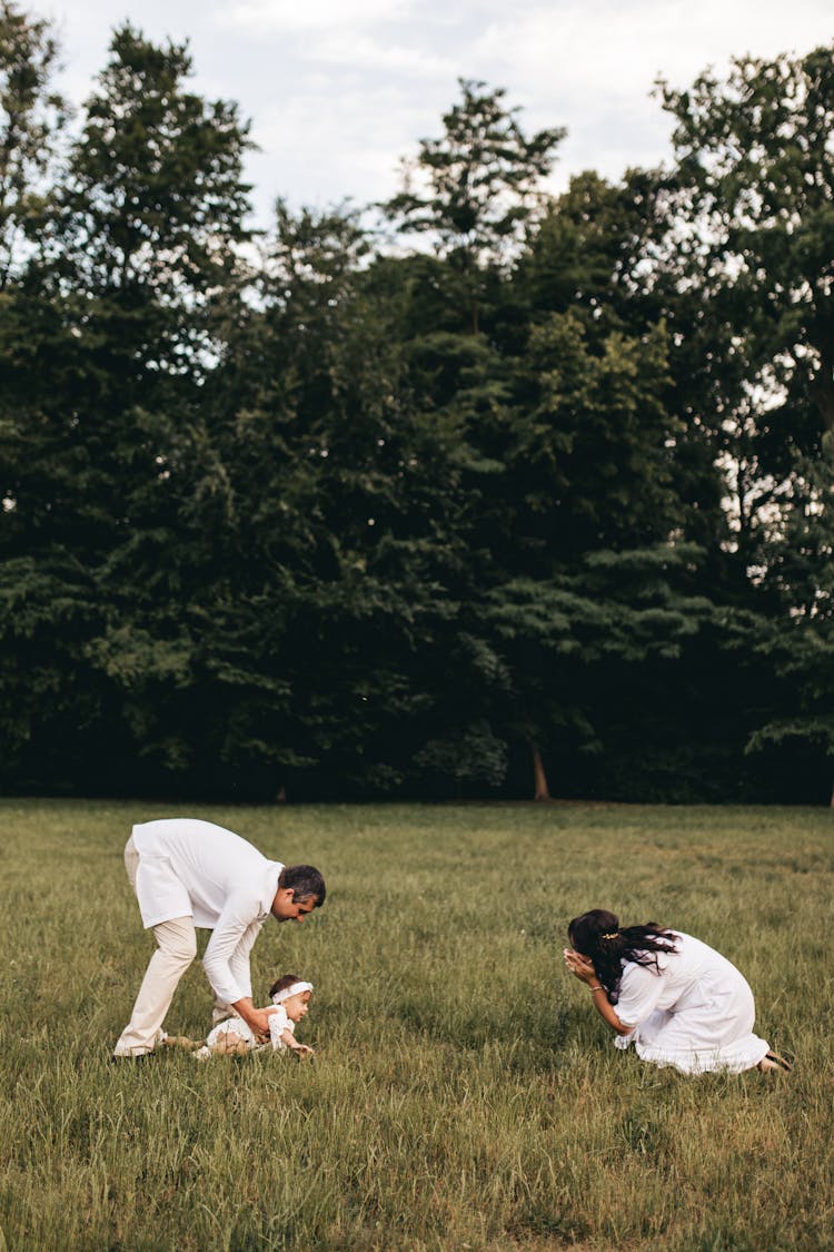 Parents Playing With A Toddler In A Meadow