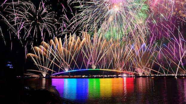 Brilliant fireworks display over the illuminated Rainbow Bridge in Taiwan, reflecting in the water below.