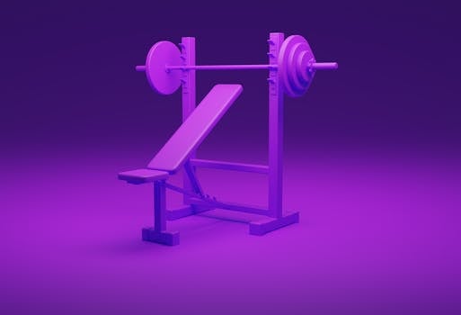 Purple single gym bench press set with barbell and weights in a studio background.