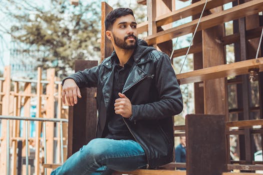 一位身穿黑色皮夹克的年轻人在城市木结构背景下随意摆着姿势