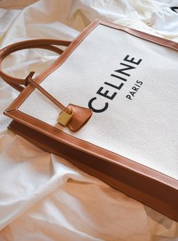 Stylish designer handbag with leather trim and gold lock, perfect for fashion enthusiasts.