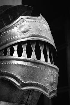 Detailed black and white image highlighting the intricate design of antique knight armor.