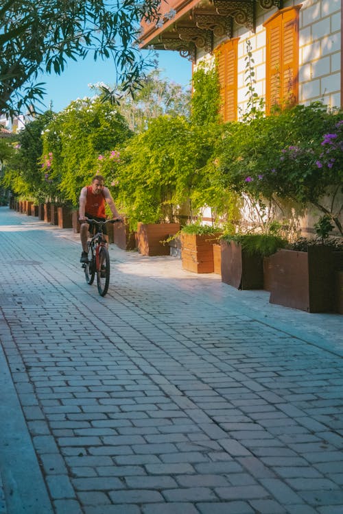 A Man Riding a Bicycle on a Brick Pavement