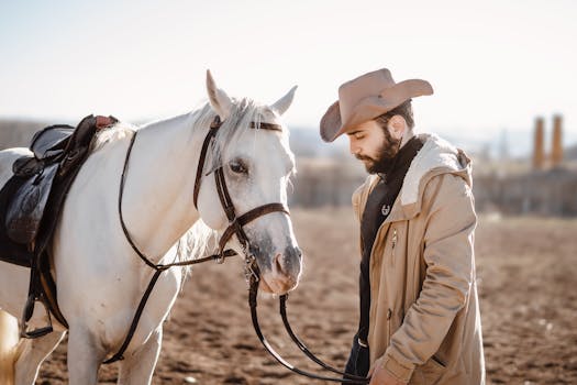 A man with a white horse outdoors in Ardabil Province, Iran, wearing a cowboy hat and brown coat.