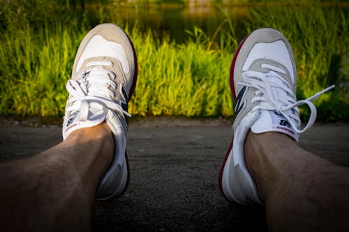 Free Photo of Pair of White-and-gray Runnings Shoes Stock Photo