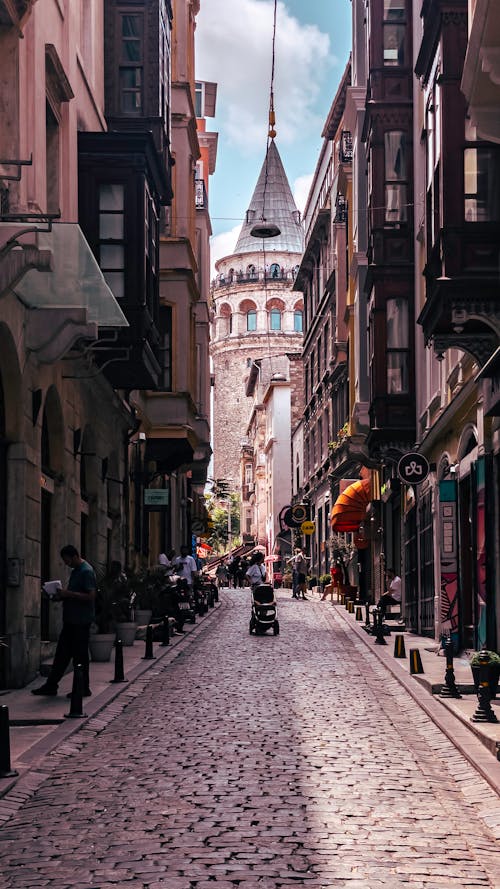 People on a Street Near Galata Tower