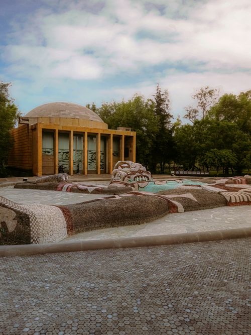 Free Scenic view of a unique dome structure and artistic fountain in Chapultepec Park, Mexico City. Stock Photo