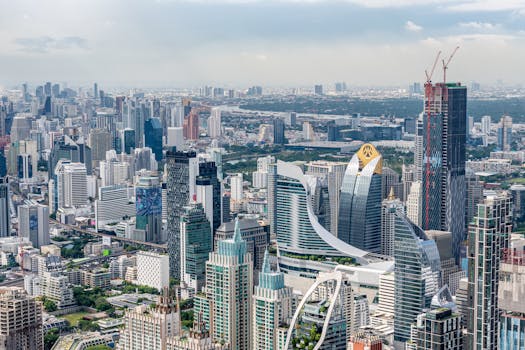 Aerial view of a bustling cityscape showcasing modern skyscrapers and vibrant urban development.