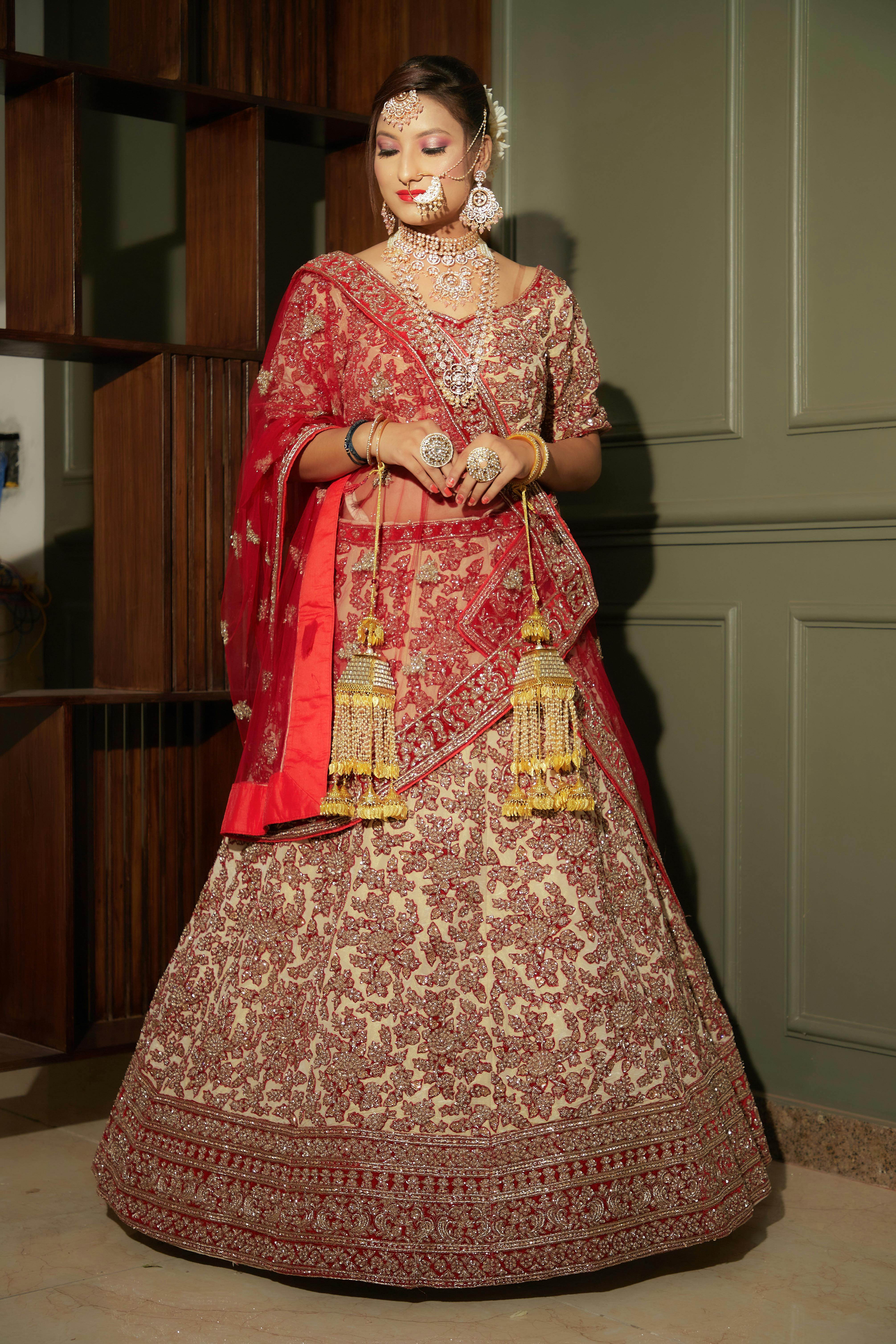 Photo of Crimson Bridal Lehenga with Gold Embroidery and Dupatta