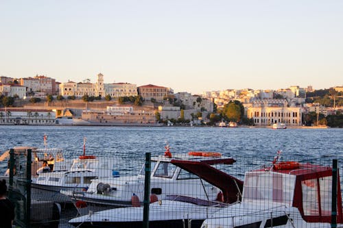 Boats in the Port and View of Buildings in Istanbul Across the Bosphorus Strait, Turkey 