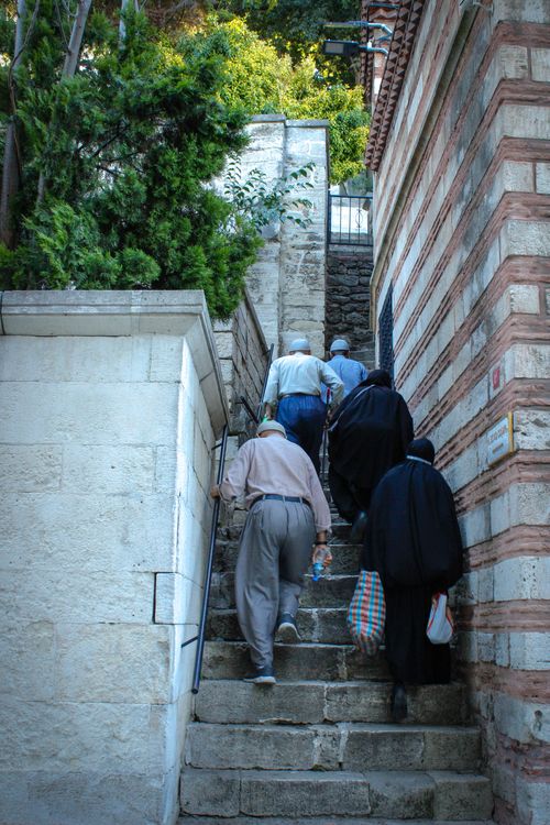 Free A group of adults walking up historical stone steps surrounded by greenery and traditional architecture. Stock Photo
