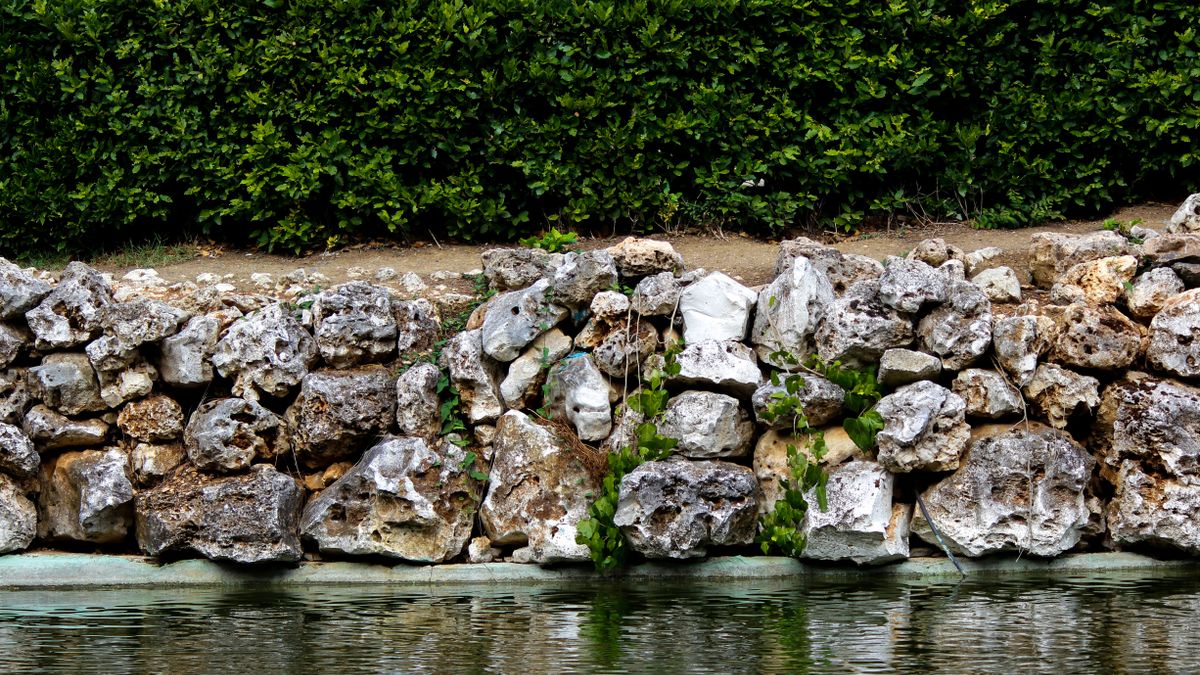 A stone retaining wall beside a pond. Every block wall starts with a buried first course on compacted base.