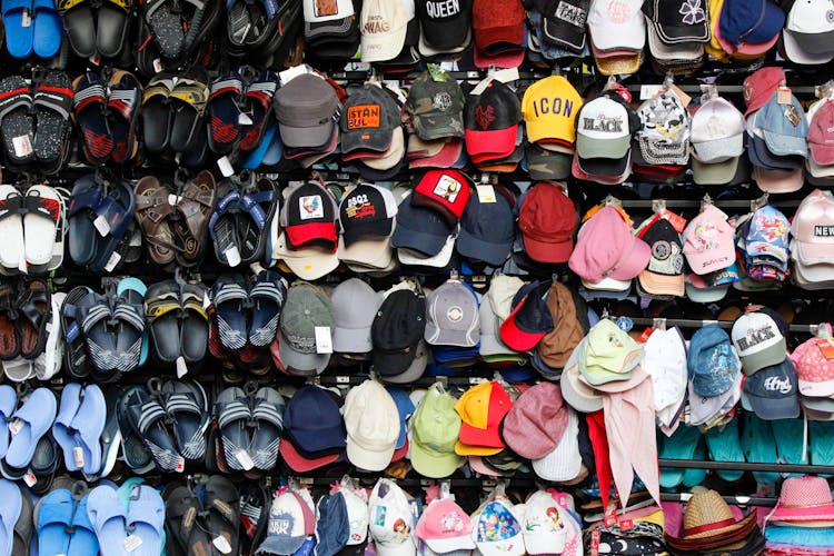 Assorted Caps And Slippers On Display