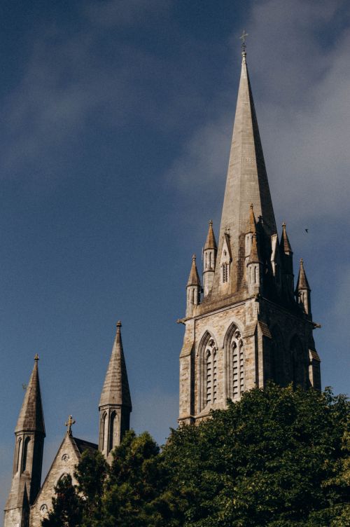 Free A striking Gothic church steeple towers against a vivid blue sky framed by lush green trees. Stock Photo