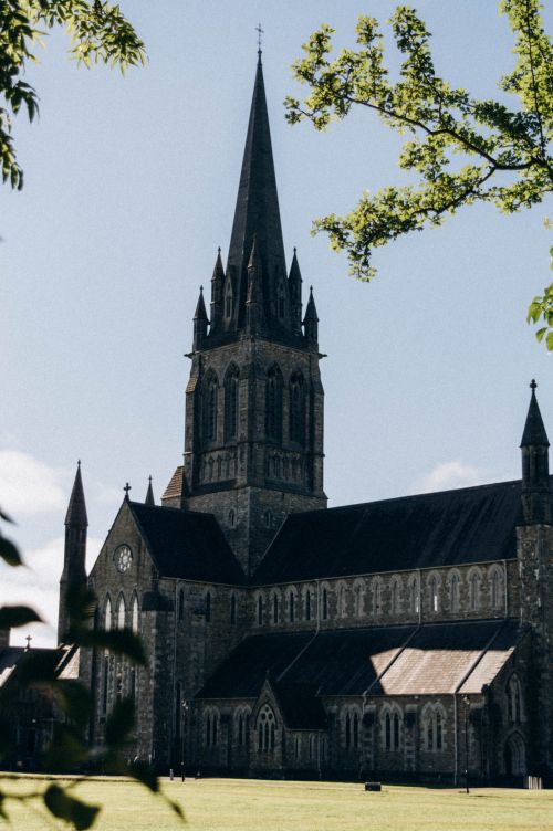Free Stunning Gothic cathedral with a tall spire set against a clear blue sky and green foliage. Stock Photo