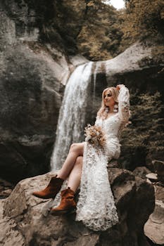 Elegant bride in lace dress sitting on a rock by a waterfall.