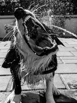 Captivating black and white shot of a dog joyfully playing in water, highlighting dynamic motion.