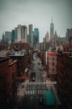 Stunning aerial cityscape of downtown New York City with iconic skyscrapers and bustling streets.